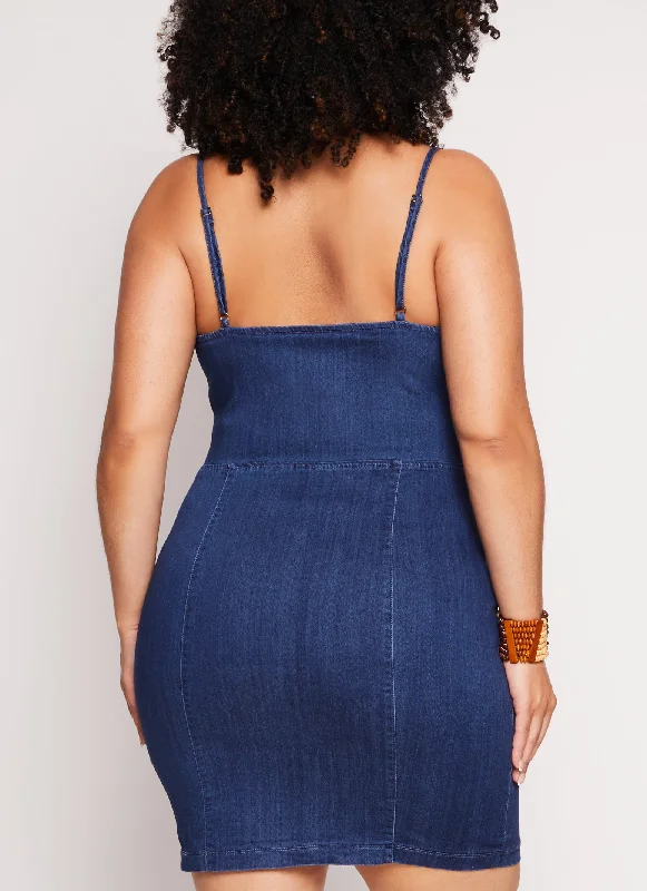 Plus Size Denim Faux Button Front Cami Dress