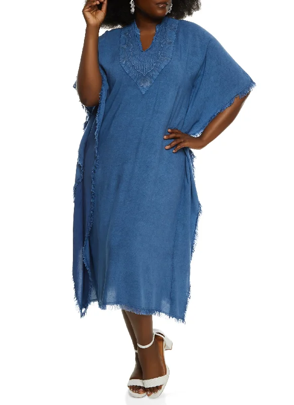 Plus Size Chambray Frayed Hem Caftan Dress