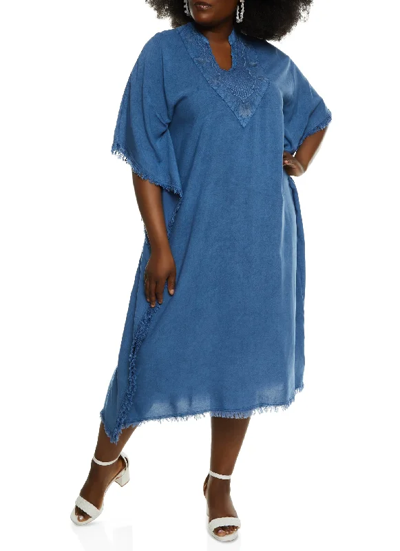 Plus Size Chambray Frayed Hem Caftan Dress