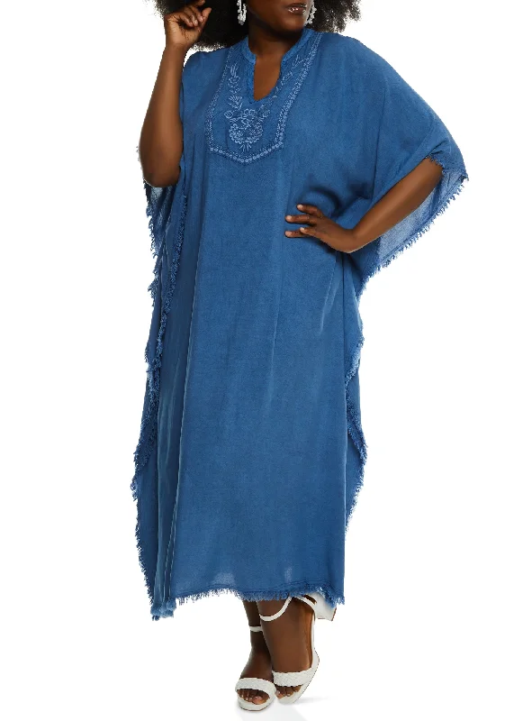 Plus Size Embroidered Frayed Hem Caftan Dress