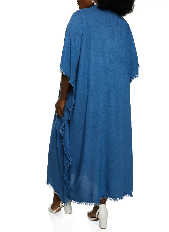 Plus Size Embroidered Frayed Hem Caftan Dress