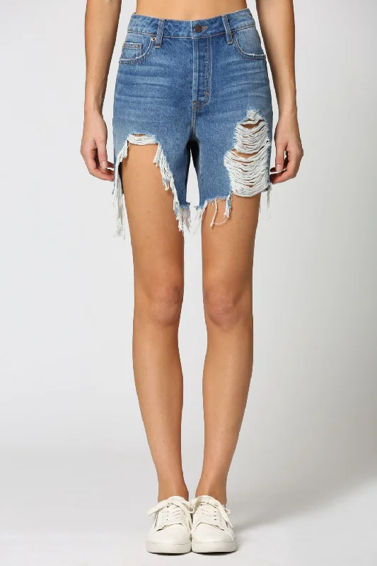 HIGH RISE HEAVY DISTRESSED JEAN SHORTS | MEDIUM WASH