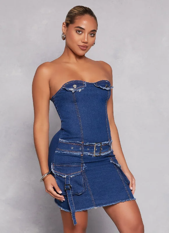 Denim Belted Strapless Dress