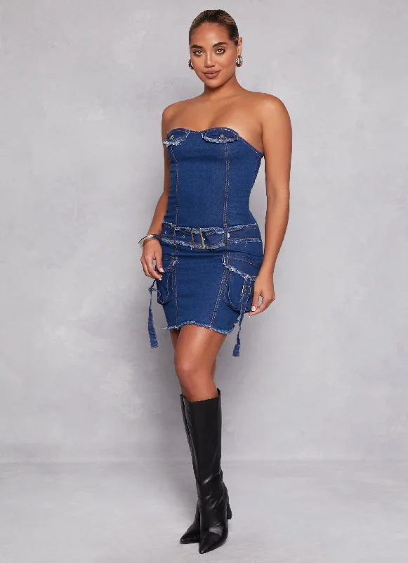 Denim Belted Strapless Dress