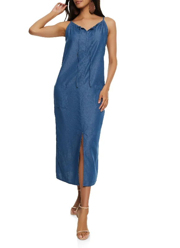 Chambray Slit Front Pocket Cami Midi Dress