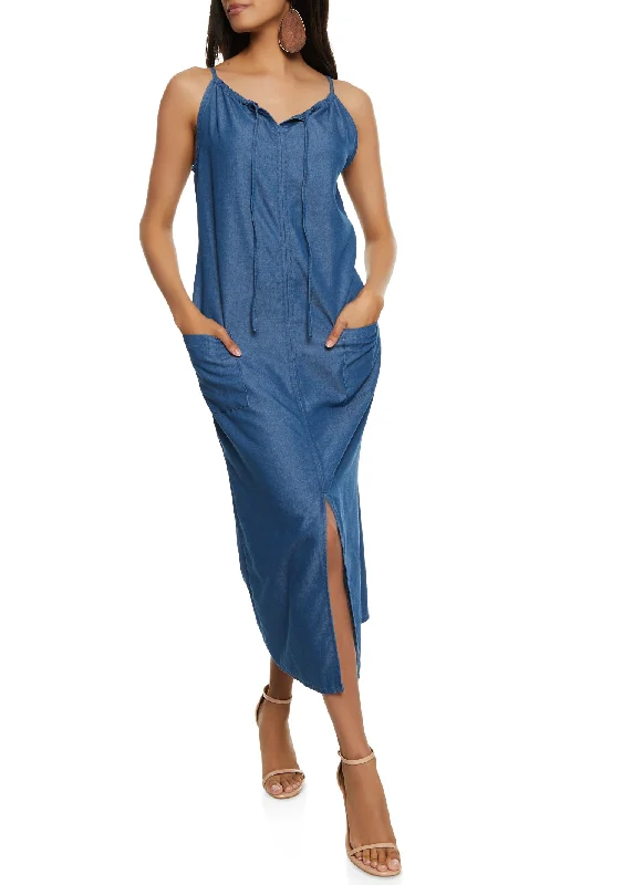 Chambray Slit Front Pocket Cami Midi Dress