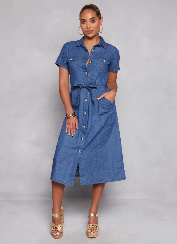 Denim Tie Waist Belted Shirt Dress