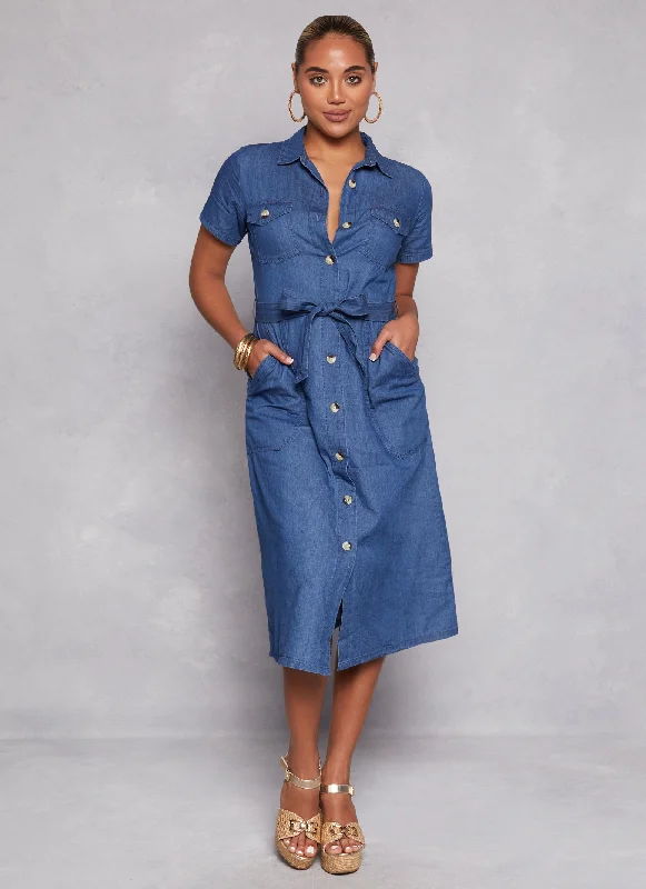 Denim Tie Waist Belted Shirt Dress