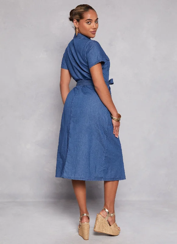 Denim Tie Waist Belted Shirt Dress