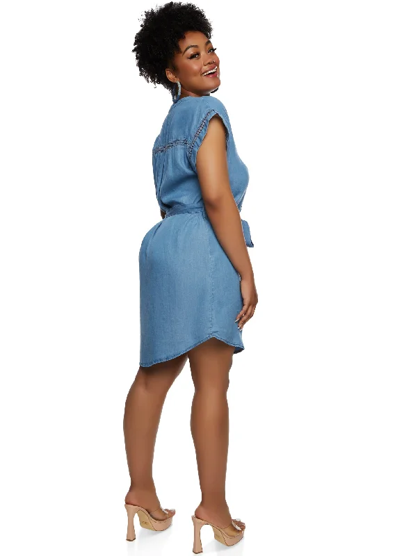 Plus Size Chambray Tie Waist Belted Dress