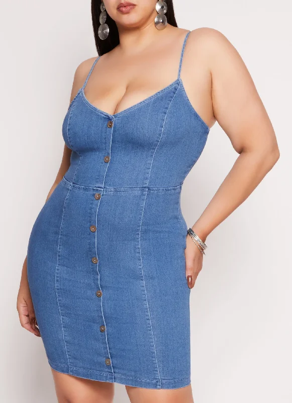 Plus Size Denim Faux Button Front Cami Dress