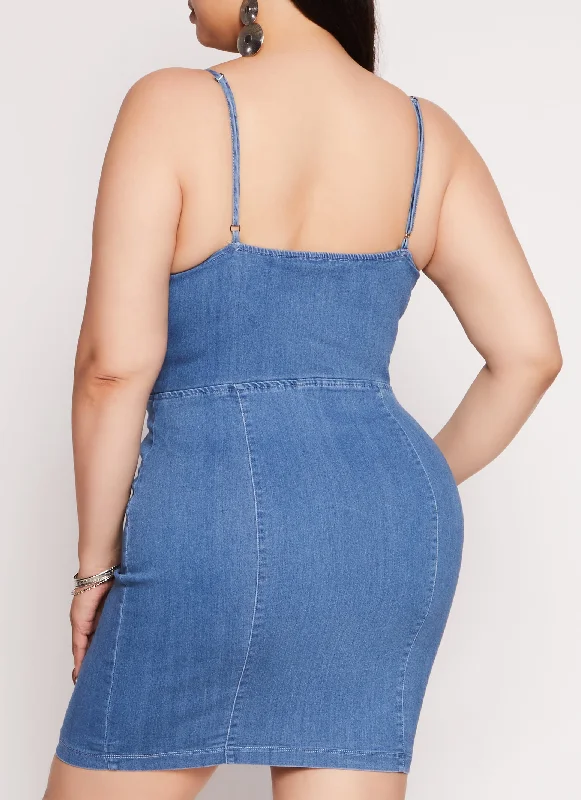 Plus Size Denim Faux Button Front Cami Dress