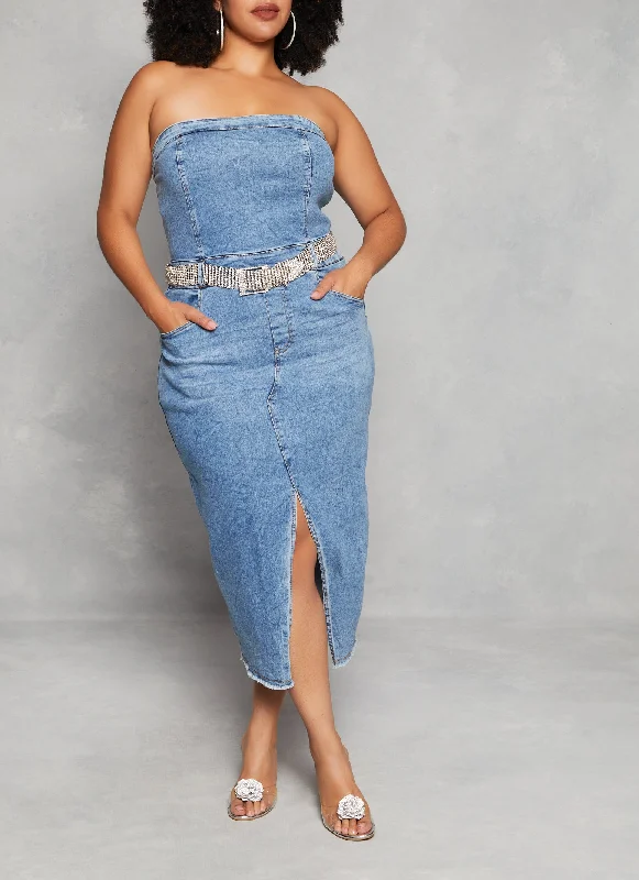 Plus Size Denim Front Slit Tube Dress