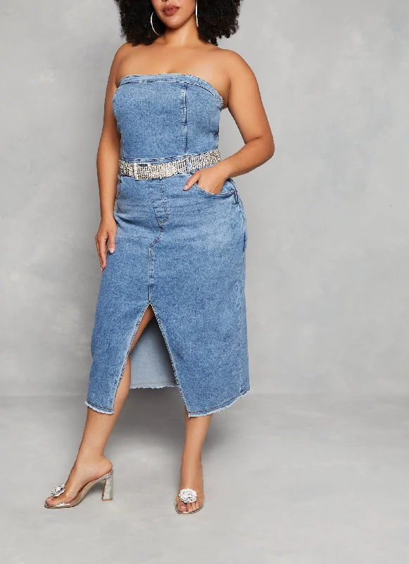 Plus Size Denim Front Slit Tube Dress