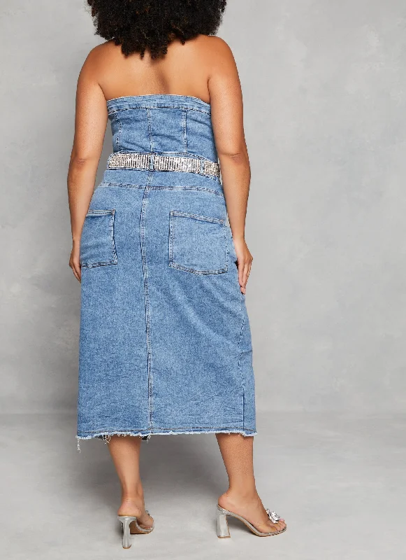 Plus Size Denim Front Slit Tube Dress