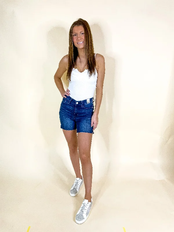 Judy Blue | Claim To Love Mid Thigh Cut Off Shorts in Dark Wash