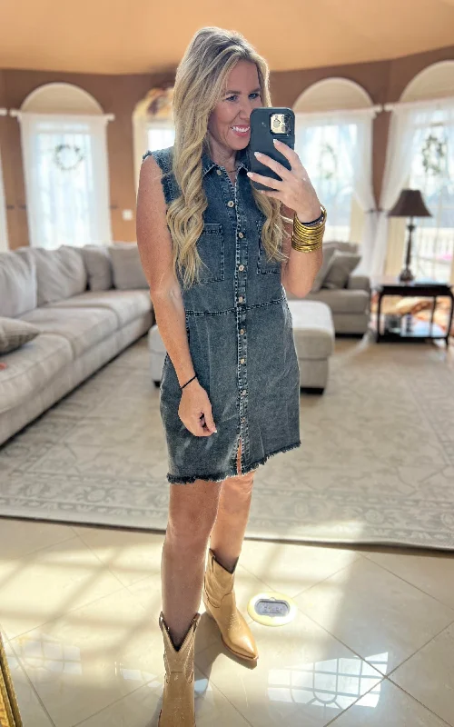 Ash Black Mineral Wash Denim Sleeveless Mini Dress