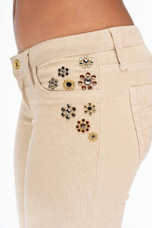 CRYSTAL FLOWER BOOT CUT BABY CORDS IN BEIGE