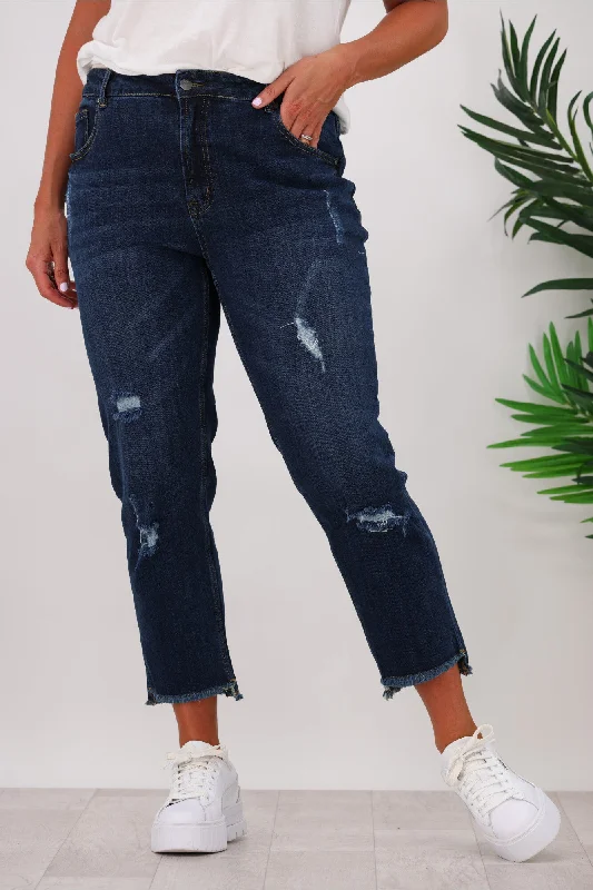 Shine On Label Orlando Boyfriend Distressed Jean Dark Indigo