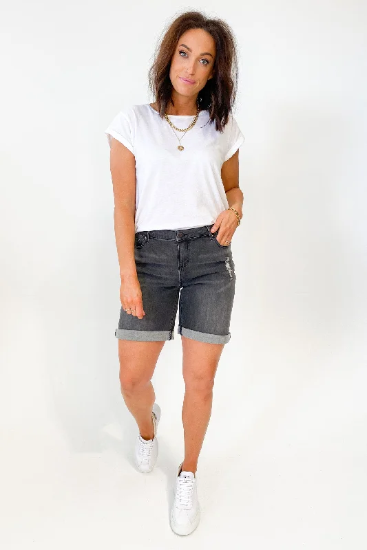 Shine On Label Stretch Denim Boyfriend Shorts Washed Charcoal