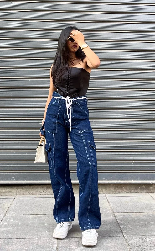 So Hip Hop Deep Blue High Waist Cargo Jeans