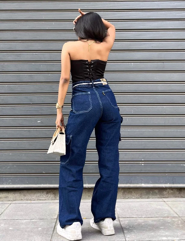 So Hip Hop Deep Blue High Waist Cargo Jeans