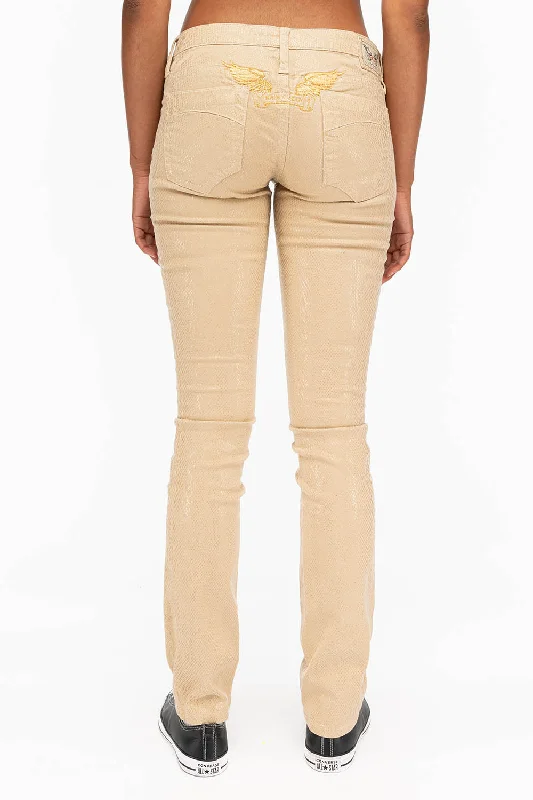 MARILYN WOMENS STRAIGHT JEANS IN LIZARD KHAKI WITH GOLD WINGS