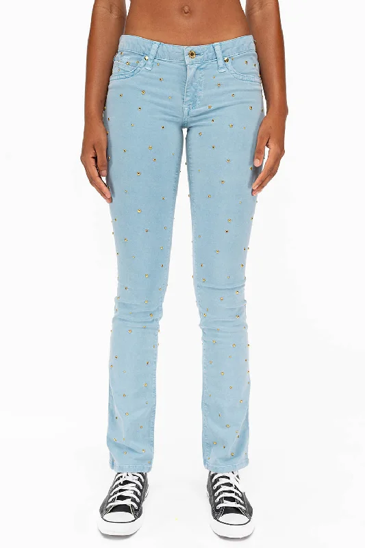 MARILYN LOW RISE WOMENS STUDDED STRAIGHT LOW RISE JEANS IN DULL BLUE WITH TONAL WINGS AND CRYSTALS