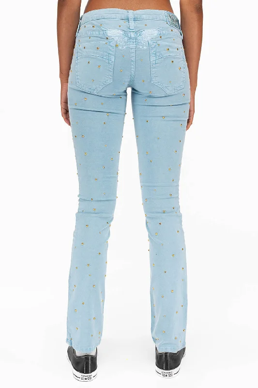 MARILYN LOW RISE WOMENS STUDDED STRAIGHT LOW RISE JEANS IN DULL BLUE WITH TONAL WINGS AND CRYSTALS