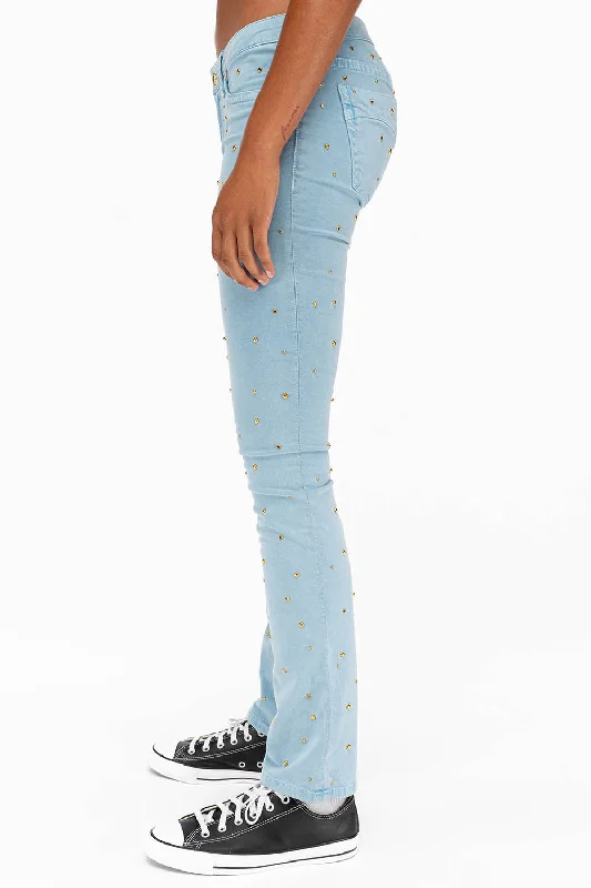 MARILYN LOW RISE WOMENS STUDDED STRAIGHT LOW RISE JEANS IN DULL BLUE WITH TONAL WINGS AND CRYSTALS