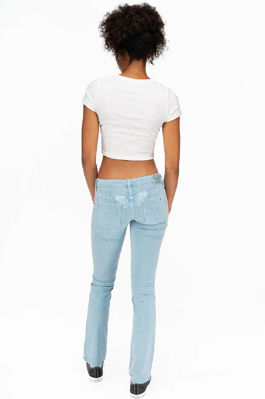 MARILYN LOW RISE WOMENS STUDDED STRAIGHT LOW RISE JEANS IN DULL BLUE WITH TONAL WINGS AND CRYSTALS