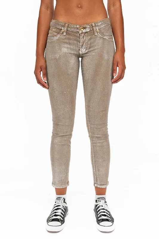 MARILYN LOW RISE WOMENS SKINNY JEANS IN KHAKI SILVER FOIL WASH WITH TONAL WINGS