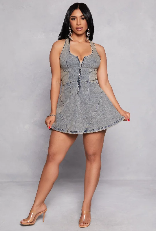 Half Zip Acid Wash Denim Mini Dress