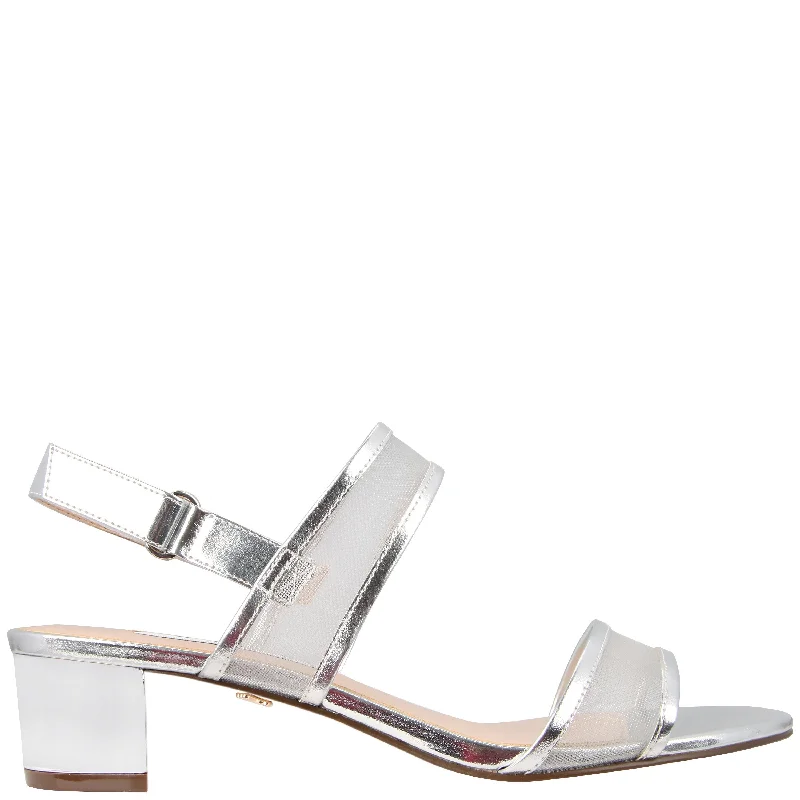 GANICE-WOMENS SILVER MESH BLOCK LOW-HEEL HOOK & LOOP DRESSY SANDAL 