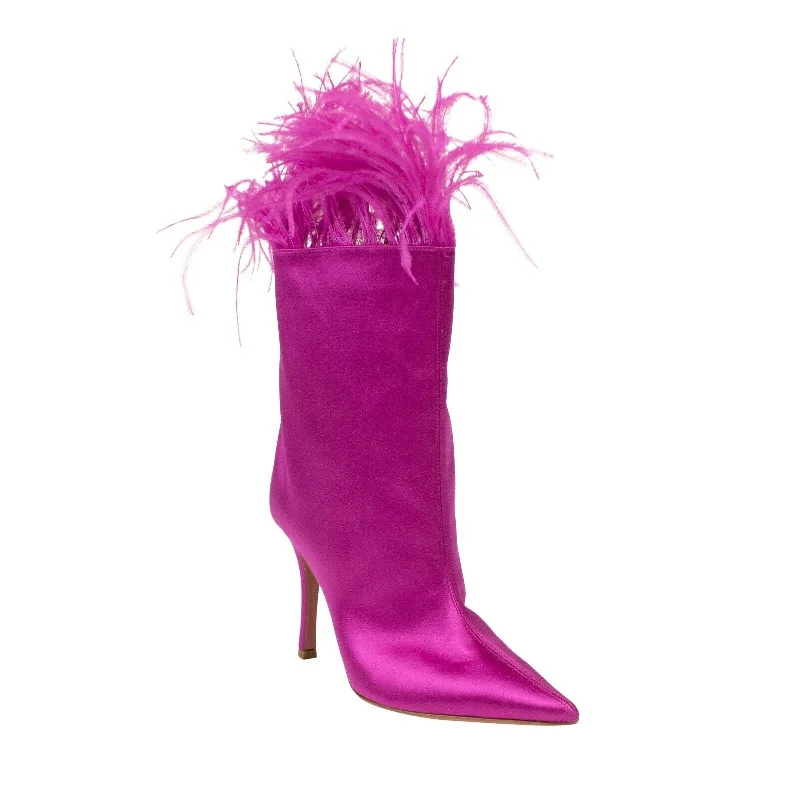 AMINA MUADDI Pink Satin 'Nakia Plume' Heeled Boots