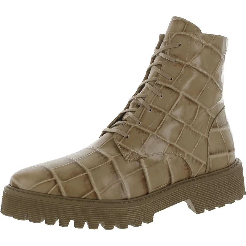 Emi Womens Leather Embossed Combat & Lace-Up Boots