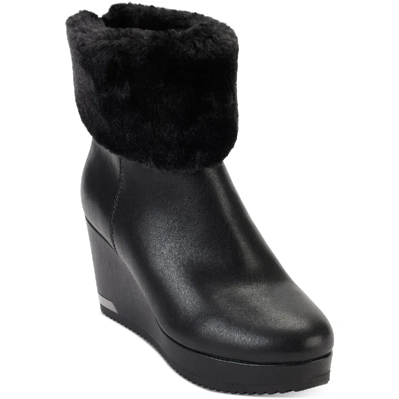 Nadra Womens Faux Leather Faux Fur Wedge Boots