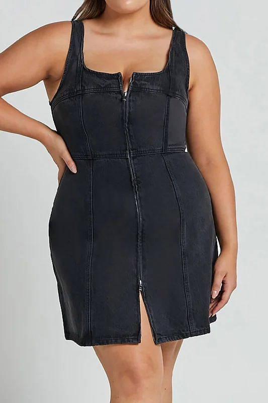 Plus Size Solid Zipper Denim Mini Dress