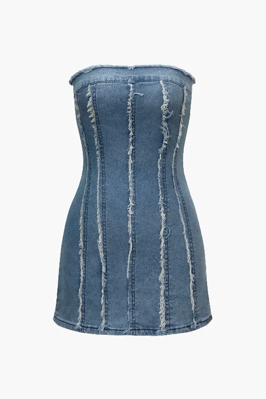 Frayed Denim Strapless Mini Dress