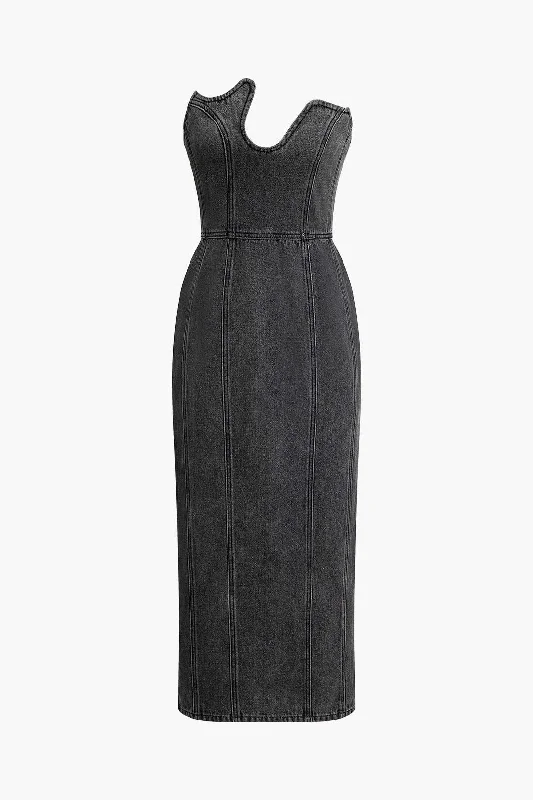 Denim Strapless Slit Midi Dress