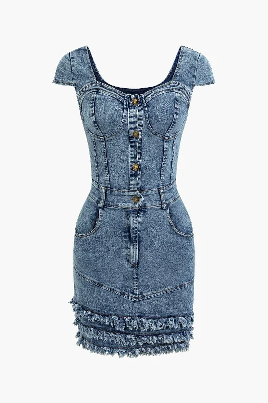 Fringe Hem Button Front Bustier Denim Dress