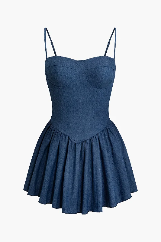 Pleated Bustier Denim Cami Dress