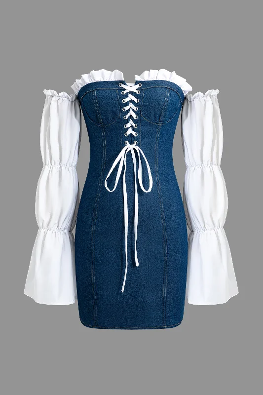 Patchwork Bustier Lace Up Zipper Ruched Denim Mini Dress