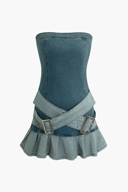 Denim Strapless Belted Mini Dress