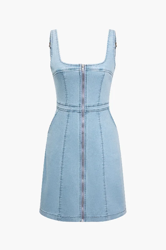 Solid Denim Zipper Mini Dress