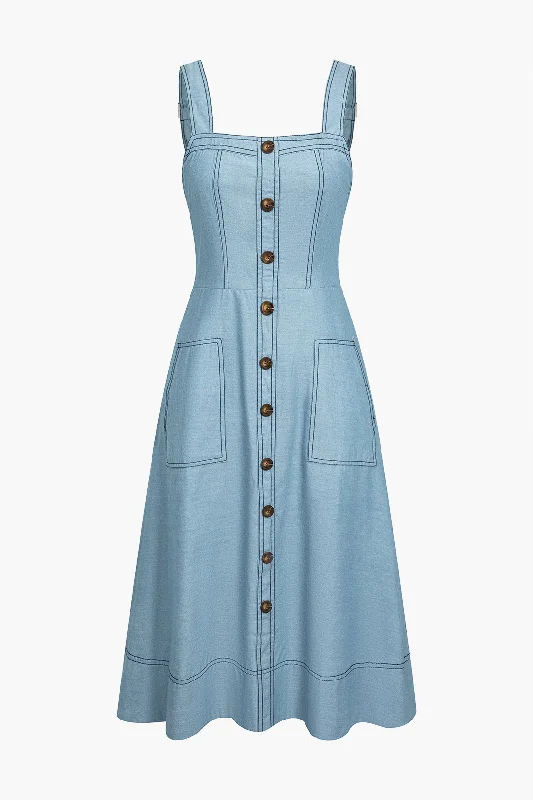 Solid Denim Button Maxi Dress