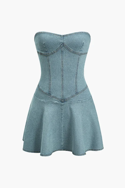 Solid Bustier Strapless Denim Mini Dress