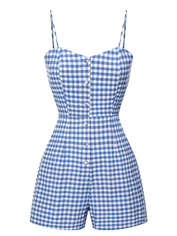 Blue 1960s Spaghetti Strap Plaids Romper