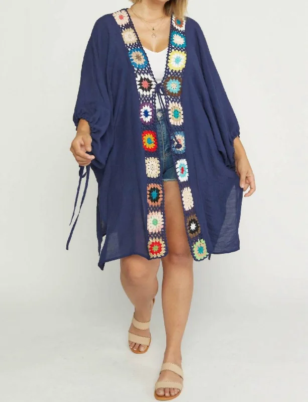 Crochet Trim Open Front Kimono In Navy