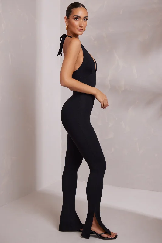 Halter Neck Plunge Jumpsuit in Black